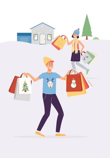 Affiche vectorielle avec des acheteurs heureux homme et femme avec des cadeaux de Noël et du Nouvel An. — Image vectorielle