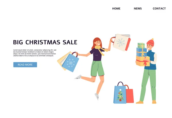 Banner del sitio web de la venta de Navidad grande con los compradores alegres ilustración plana vector. — Vector de stock