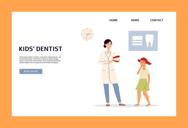 Dzieci dentysta strona internetowa interfejs z lekarzem i dziecko płaski wektor ilustracji. — Wektor stockowy