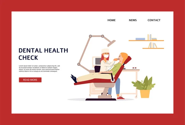 Banner web de control de salud dental con ilustración de vectores para pacientes y dentistas. — Vector de stock