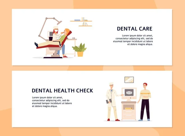 Bandeiras vetoriais com médicos dentistas e pacientes, atendimento odontológico e saúde dentária —  Vetores de Stock