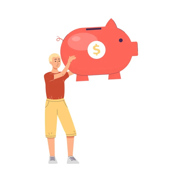 Mann mit riesigem Sparschwein zum Sparen und Spargeld als Vektor-Illustration — Stockvektor