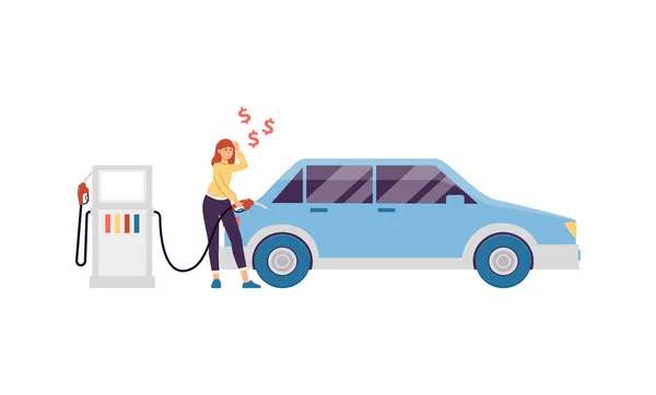 Mujer repostando coche en la estación de combustible un vector aislado ilustración — Vector de stock