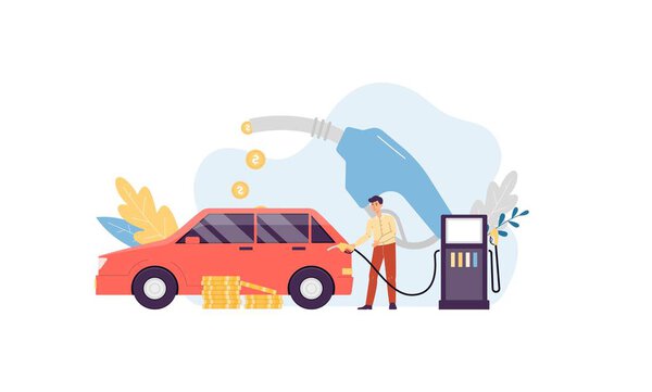 Driver refueling car with fuel gun dropping out coins, flat vector illustration.