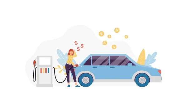 Donna alimentando auto con simboli di denaro, piatto illustrazione vettoriale isolato. — Vettoriale Stock