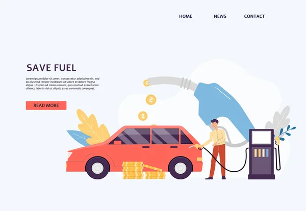 Risparmi carburante sito web con rifornimento uomo alla stazione di servizio, illustrazione vettoriale piatta. — Vettoriale Stock