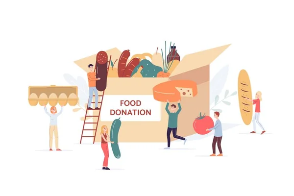 La gente arroja comida en la caja para la donación de alimentos, ilustración vectorial plana aislada. — Archivo Imágenes Vectoriales