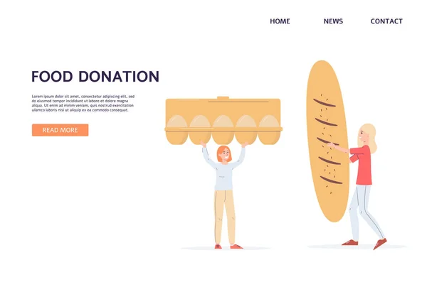 Banner web di donazione di cibo con persone che trasportano cibo illustrazione vettoriale piatta. — Vettoriale Stock
