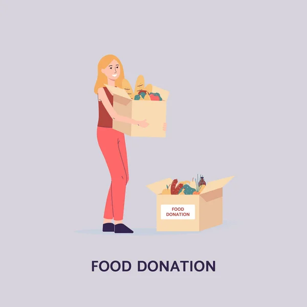 Chica voluntaria con cajas de donación de cartón llenas de comida un vector de ilustración. — Archivo Imágenes Vectoriales
