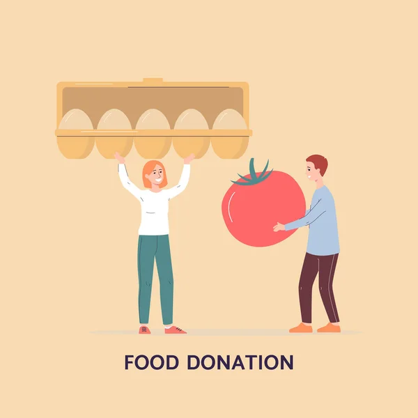 Piccoli personaggi di volontari tengono il cibo per la donazione un'illustrazione piatta vettoriale. — Vettoriale Stock