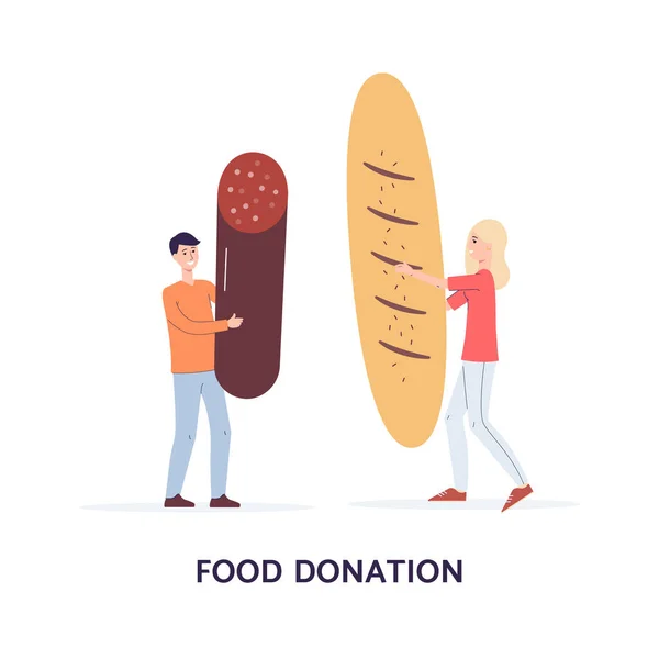 Tarjeta vectorial con personajes de voluntarios sosteniendo comida para donación y leyenda. — Archivo Imágenes Vectoriales