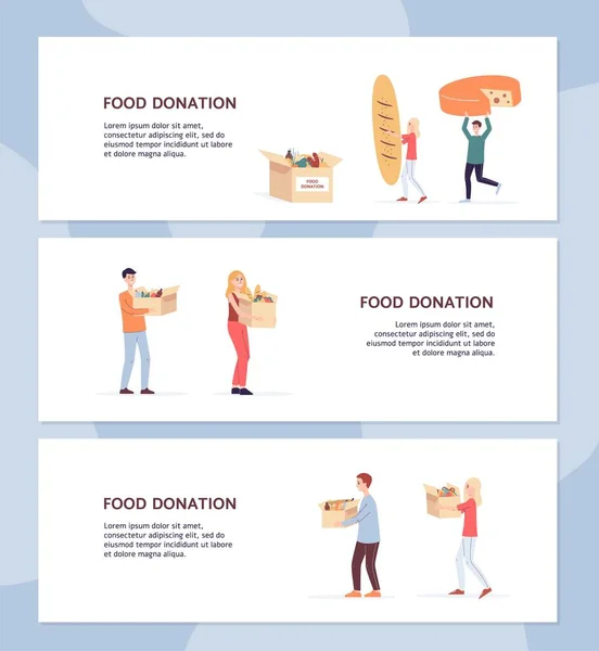 Размещение плакатов в социальных сетях для пожертвования продуктов питания, иллюстрация плоского вектора. — стоковый вектор