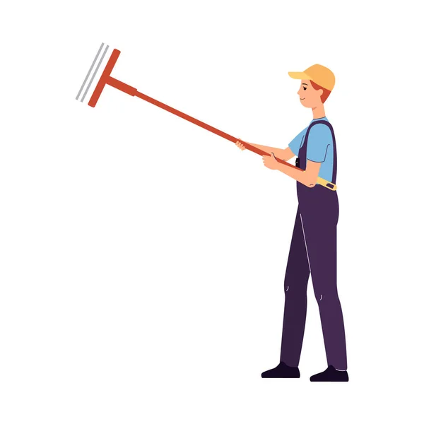 Trabalhador ou empregado do serviço de manutenção com esfregão, ilustração vetorial isolada. — Vetor de Stock