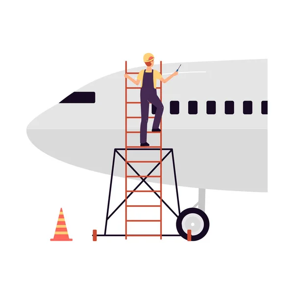 Airline engineer climbing plane for maintenance, vector illustration isolated. — Stock Vector