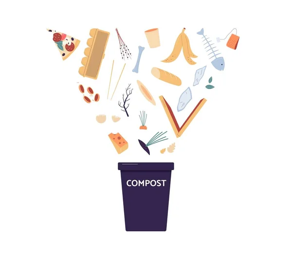 Kompostbehållare med fallande organiskt avfall, platt vektor illustration isolerad. — Stock vektor