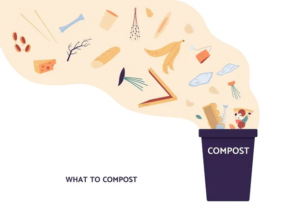 Banner che mostra quali rifiuti di compost, illustrazione vettoriale piatta isolato. — Vettoriale Stock