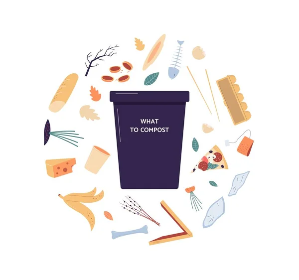 Compostbak met symbolen van organisch afval vlakke vector illustratie geïsoleerd. — Stockvector