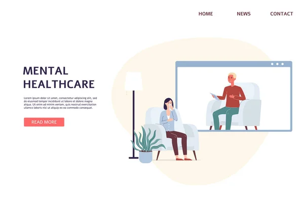 Sito web di salute mentale con illustrazione vettoriale della scena online di psicoterapia. — Vettoriale Stock