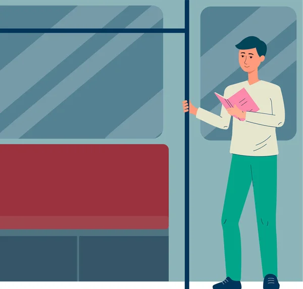 Vector platte illustratie van man die leest een interessant boek in een metro auto — Stockvector