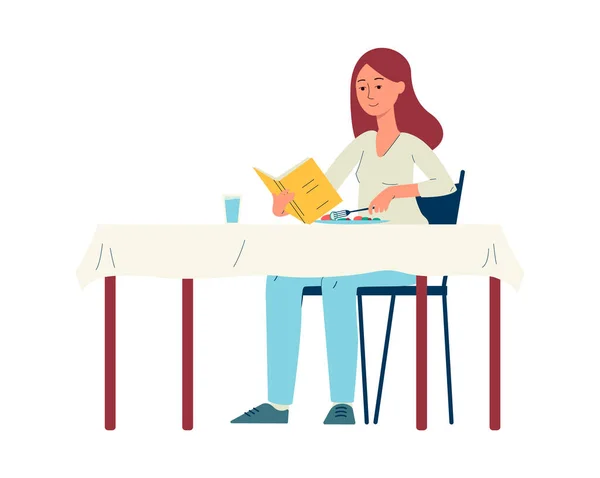 Ilustración vectorial plana aislada de fan de la literatura femenina leyendo un libro interesante. — Vector de stock