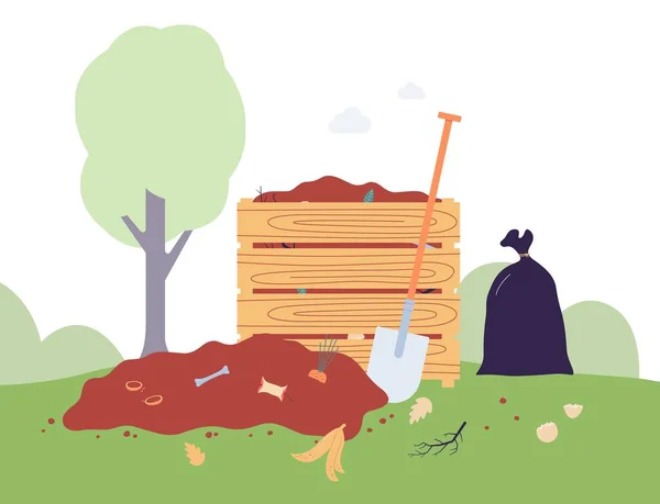 Vector flat illustration of compost food box or bin in the garden — Stock Illustration Vector flat illustration of compost food box or bin in the garden Royalty Free Stock Vectors