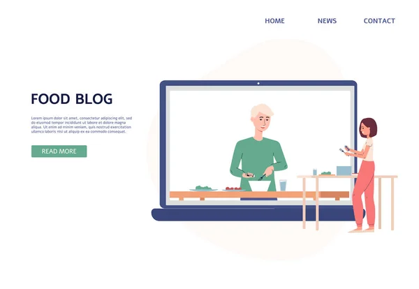 Food blog layout dell'interfaccia del sito web con blogger ei suoi seguaci personaggi dei cartoni animati, illustrazione vettoriale piatta. — Vettoriale Stock
