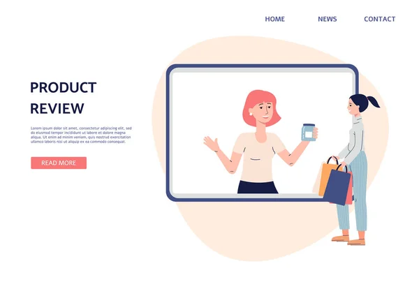 ブロガーとウェブサイトのページは、オンライン製品レビュー、フラットベクトルイラストを作る. — ストックベクタ