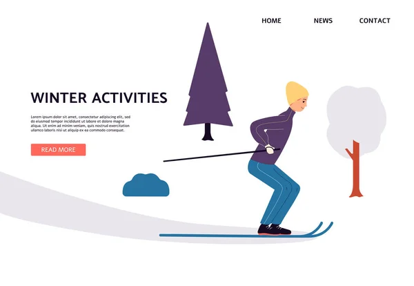 Jeune homme à skis en hiver un design vectoriel pour la page web — Image vectorielle