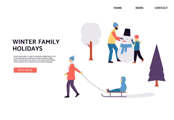 Winter familie vakantie banner met mensen met plezier platte vector illustratie. — Stockvector