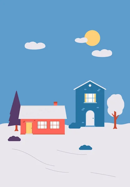 Vinter landsbygd snöig landskap med hus platt vektor illustration. — Stock vektor