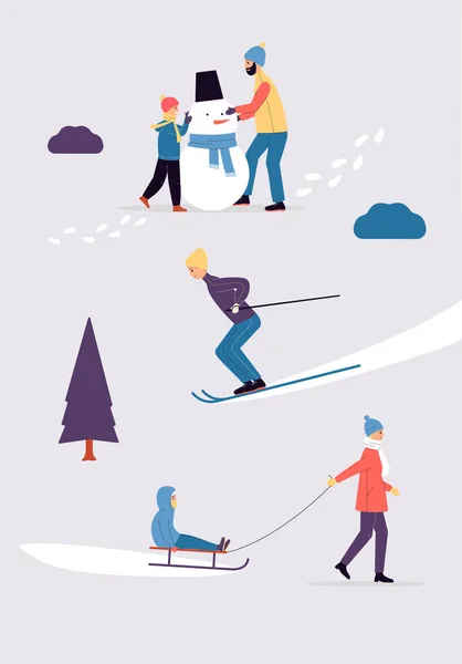 Зимнее знамя с активными людьми занимается спортом и игрой, плоские векторные иллюстрации. — стоковый вектор