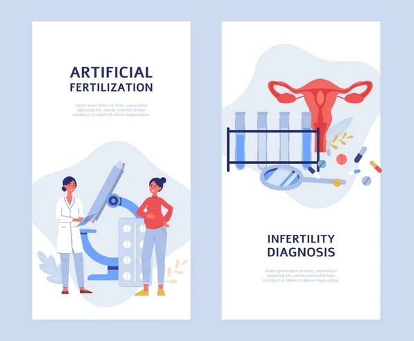 Fertilización artificial y diagnóstico de infertilidad, ilustraciones vectoriales planas. — Archivo Imágenes Vectoriales