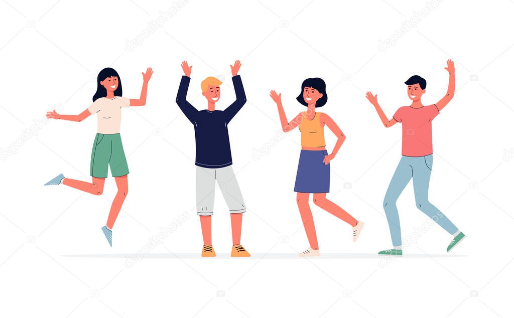 Group of young cheerful people dancing flat vector illustration isolated.