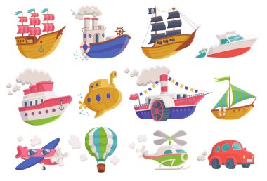 Set of cartoon icons of sea, air and land transport a vector illustrations clipart