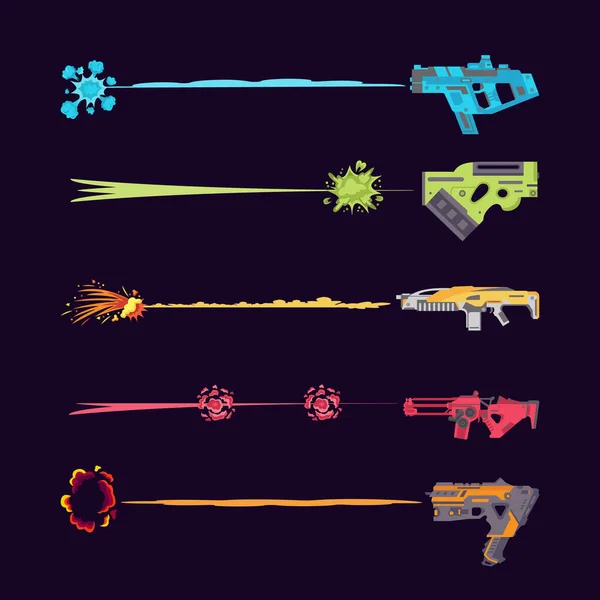 Set of space blaster guns with laser beam, flat vector illustration isolated. — стоковый вектор