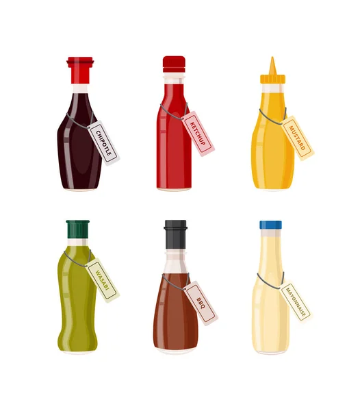 Botellas de salsa un conjunto de ilustraciones aisladas vector plano. — Vector de stock