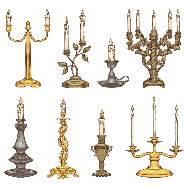 Conjunto de velas en candelabros de metal vintage un vector ilustraciones aisladas. — Archivo Imágenes Vectoriales