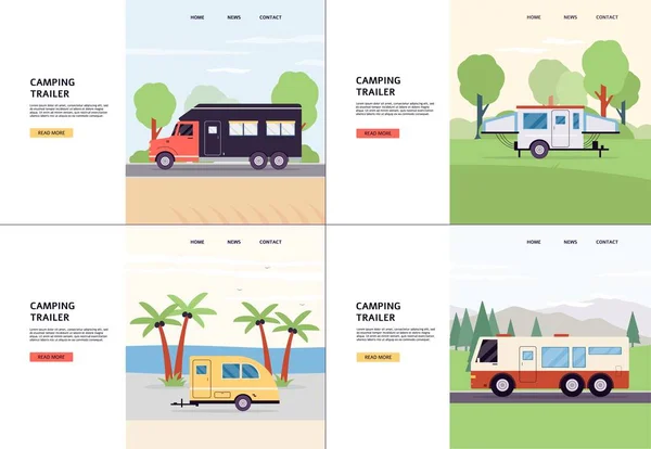 Set of vector flat landing page templates with camping trailers. — Stock Vector