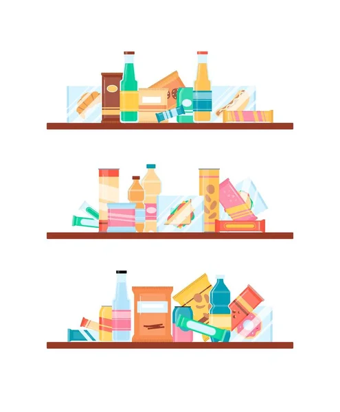 Conjunto de pilas de paquetes de bocadillos de alimentos en estantes, ilustración vectorial plana aislada. — Archivo Imágenes Vectoriales