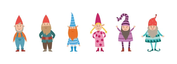 Funny little elves or dwarfs standing in row, flat vector illustration isolated. — стоковый вектор