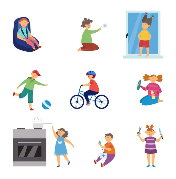 A vector set of characters of little kids in dangerous situations. — Stock Vector