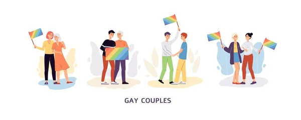 Bandera vectorial con parejas lgbt sosteniendo banderas de arco iris. — Vector de stock
