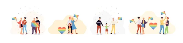 Lesbianas y gays con niños y banderas, ilustraciones vectoriales planas aisladas. — Vector de stock