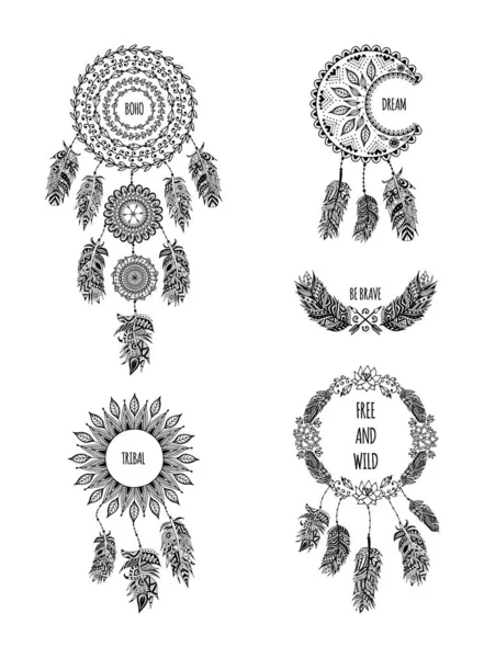 Conjunto vectorial de mascotas indígenas étnicas tradicionales de plumas de aves — Vector de stock