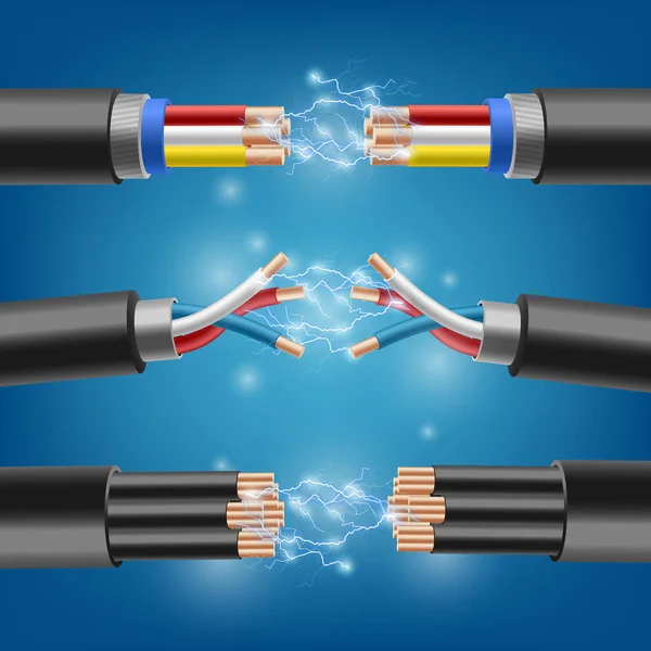 Fond vectoriel avec ensemble de câbles électriques avec étincelles de court-circuit — Image vectorielle