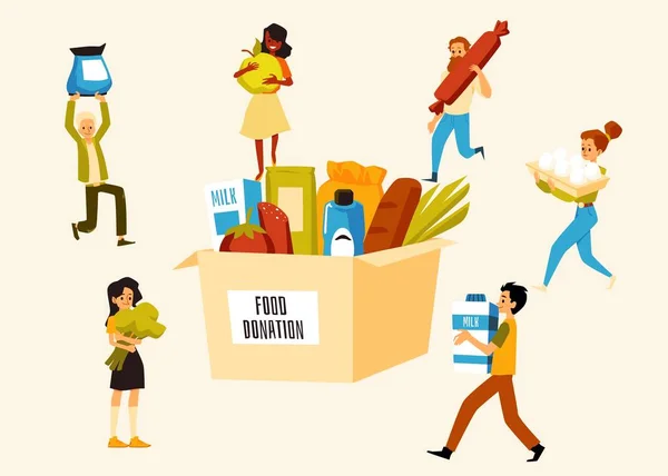 Εθελοντές μεταφέρουν τρόφιμα πλήρωση χαρτονιού κουτί δωρεά ένα διάνυσμα επίπεδη απεικόνιση — Διανυσματικό Αρχείο