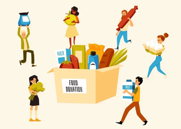 Los voluntarios llevan caja de donación de cartón de llenado de alimentos una ilustración plana vectorial — Vector de stock