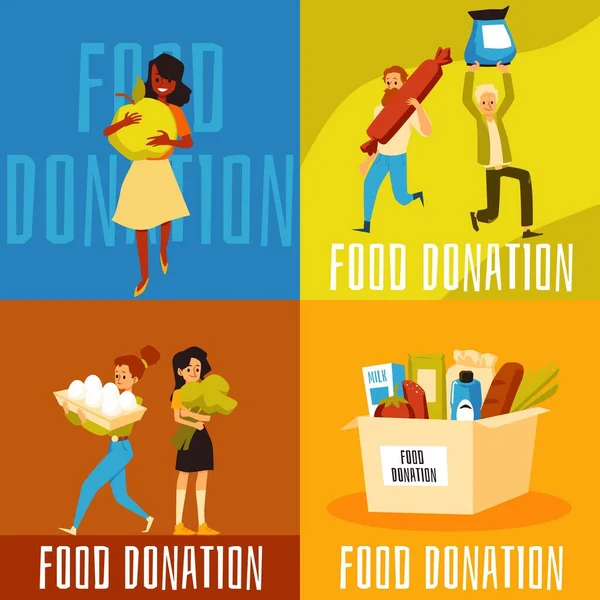 Banderas cuadradas de donación de alimentos para redes sociales set flat vector illustration. — Archivo Imágenes Vectoriales