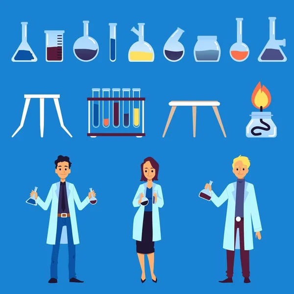 Ilustração vetorial de equipamentos e caracteres em laboratório de química —  Vetores de Stock