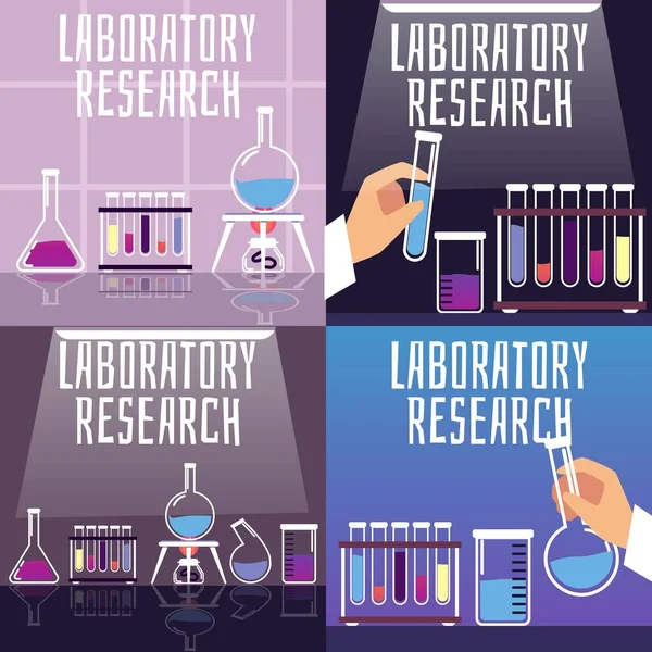 Tıp ve kimya laboratuvarında cam test tüpleri, şişeler ve deney tüpleri olan kartlar. — Stok Vektör